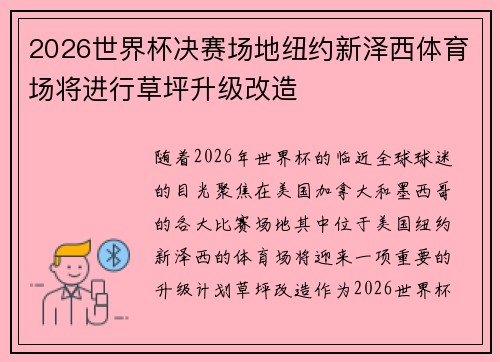 2026世界杯决赛场地纽约新泽西体育场将进行草坪升级改造