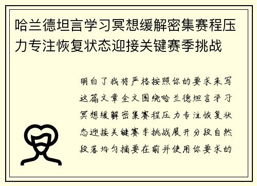 哈兰德坦言学习冥想缓解密集赛程压力专注恢复状态迎接关键赛季挑战